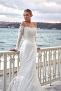 Düz Straplez Fransız Dantel Kollu Diyagonal İnci Garnili Açık Sırt Balık Gelinlik | Annabella Bridal - Annabella Bridal – Modern ve Zamansız Gelinlik Tasarımları - Annabella