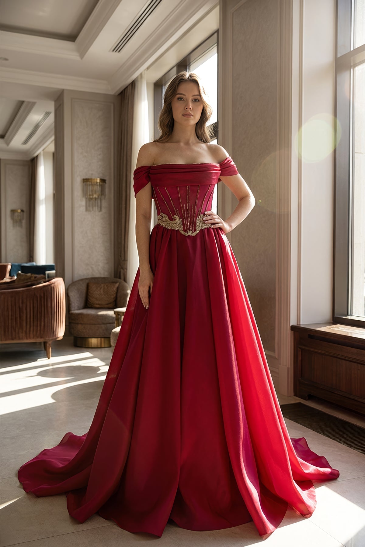 Fuşya Düşük Omuz Gold Barok İşlemeli Bağcıklı Sırt Korseli Saten A Kesim Abiye - Annabella Bridal – Modern ve Zamansız Gelinlik Tasarımları - Annabella