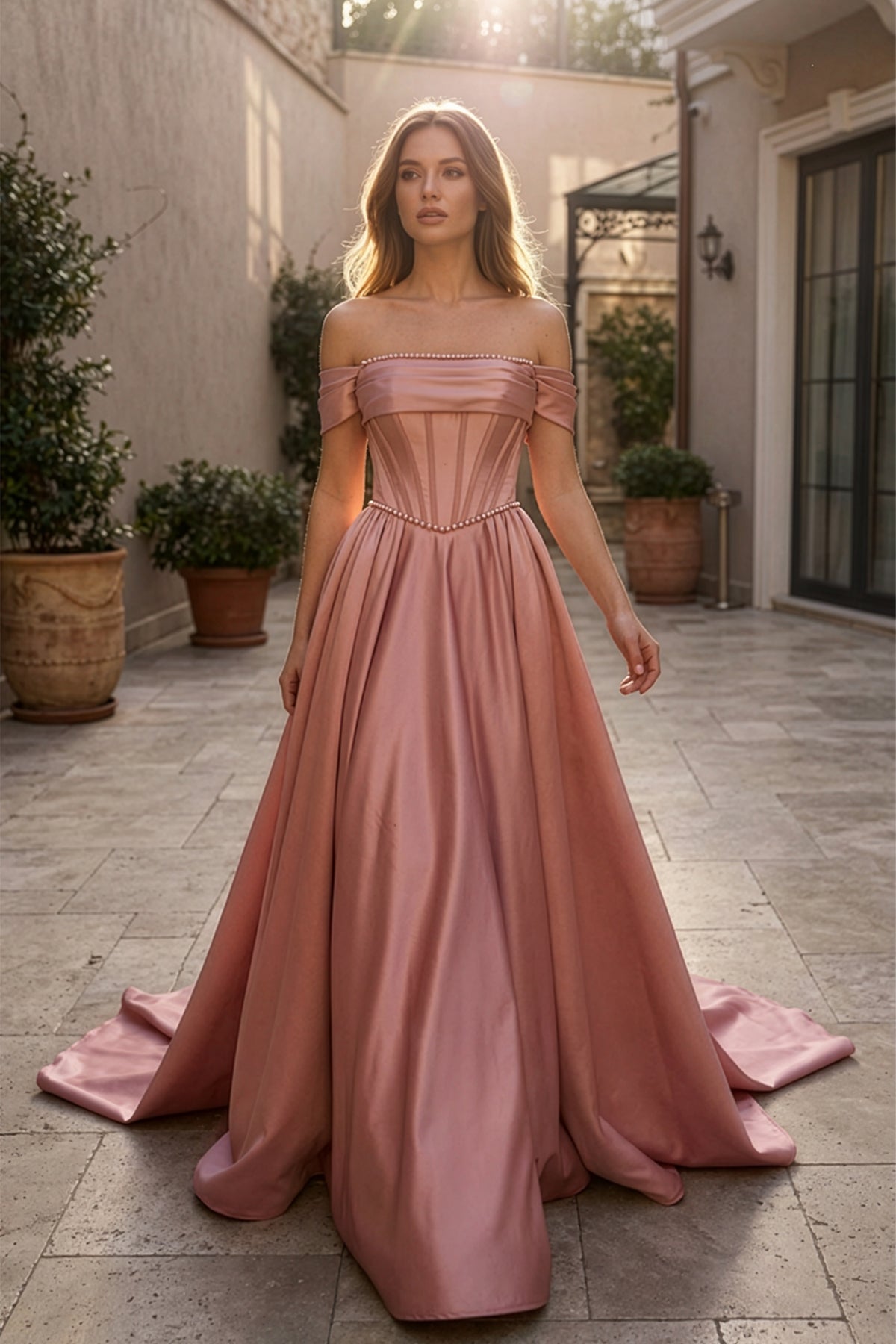 Gül Kurusu Düşük Omuz İnci Detaylı Korseli Saten A Kesim Abiye - Annabella Bridal – Modern ve Zamansız Gelinlik Tasarımları - Annabella