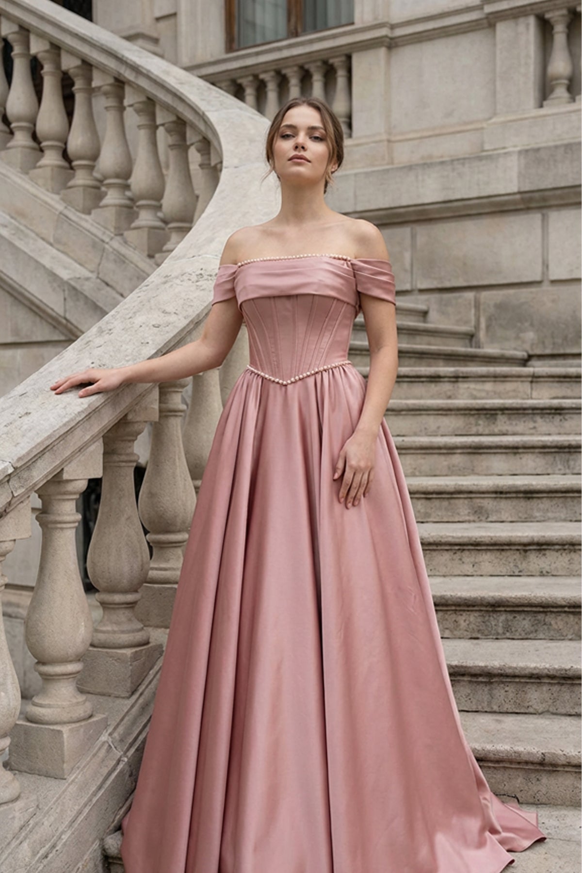 Gül Kurusu Düşük Omuz İnci Detaylı Korseli Saten A Kesim Abiye - Annabella Bridal – Modern ve Zamansız Gelinlik Tasarımları - Annabella