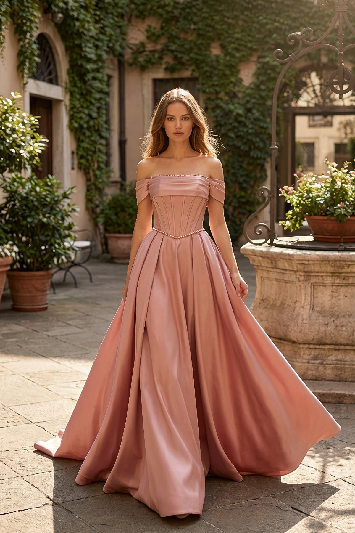 Gül Kurusu Düşük Omuz İnci Detaylı Korseli Saten A Kesim Abiye - Annabella Bridal – Modern ve Zamansız Gelinlik Tasarımları - Annabella