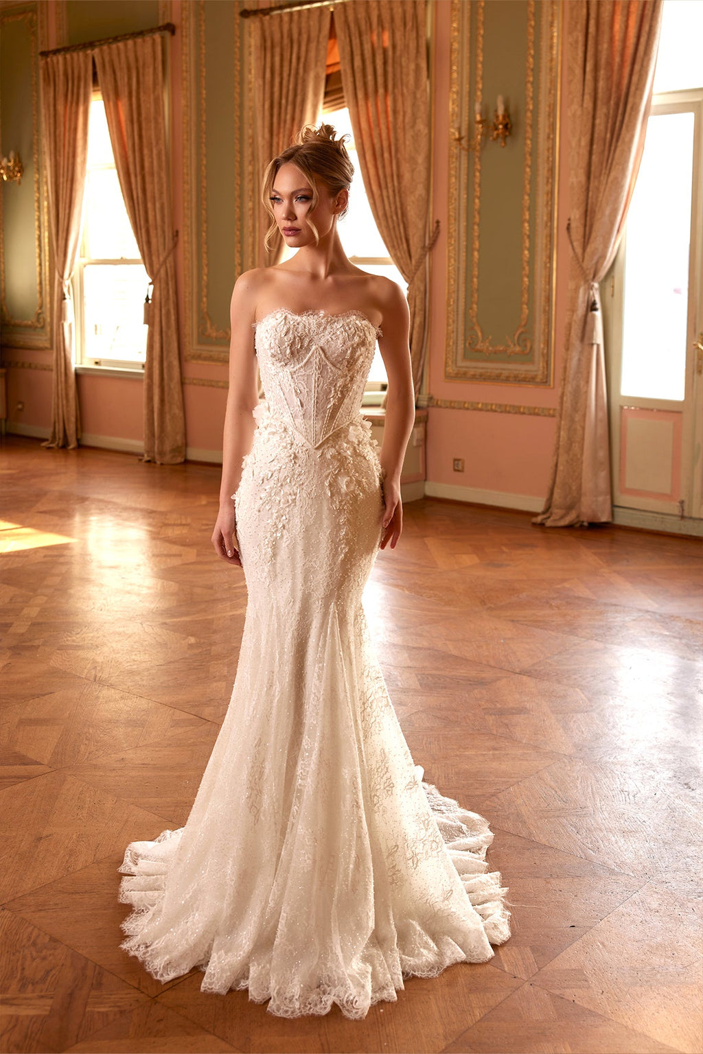 Kalp Yaka 3D Floral Fransız Dantel Çıkarılabilir Kollu Drape Detaylı Balık Gelinlik | Annabella Bridal - Annabella Bridal – Modern ve Zamansız Gelinlik Tasarımları - Annabella