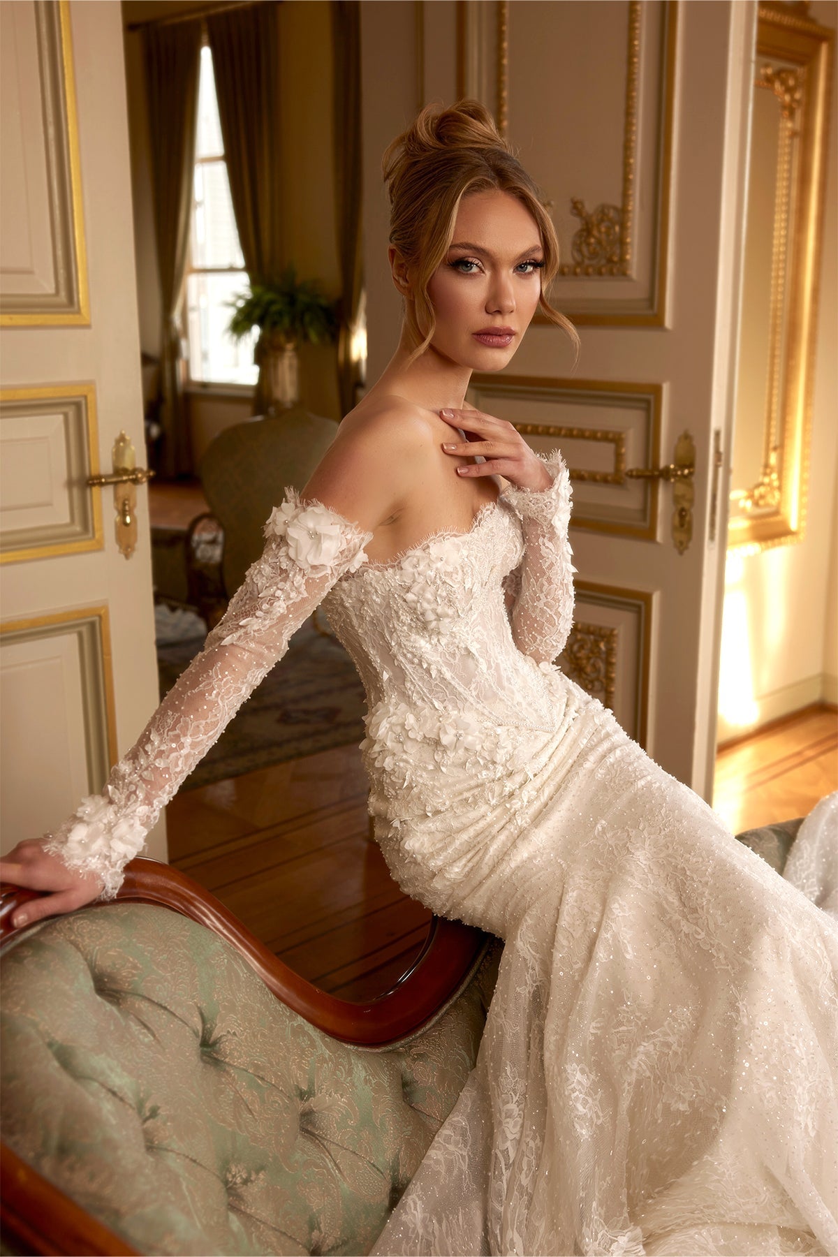 Kalp Yaka 3D Floral Fransız Dantel Çıkarılabilir Kollu Drape Detaylı Balık Gelinlik | Annabella Bridal - Annabella Bridal – Modern ve Zamansız Gelinlik Tasarımları - Annabella