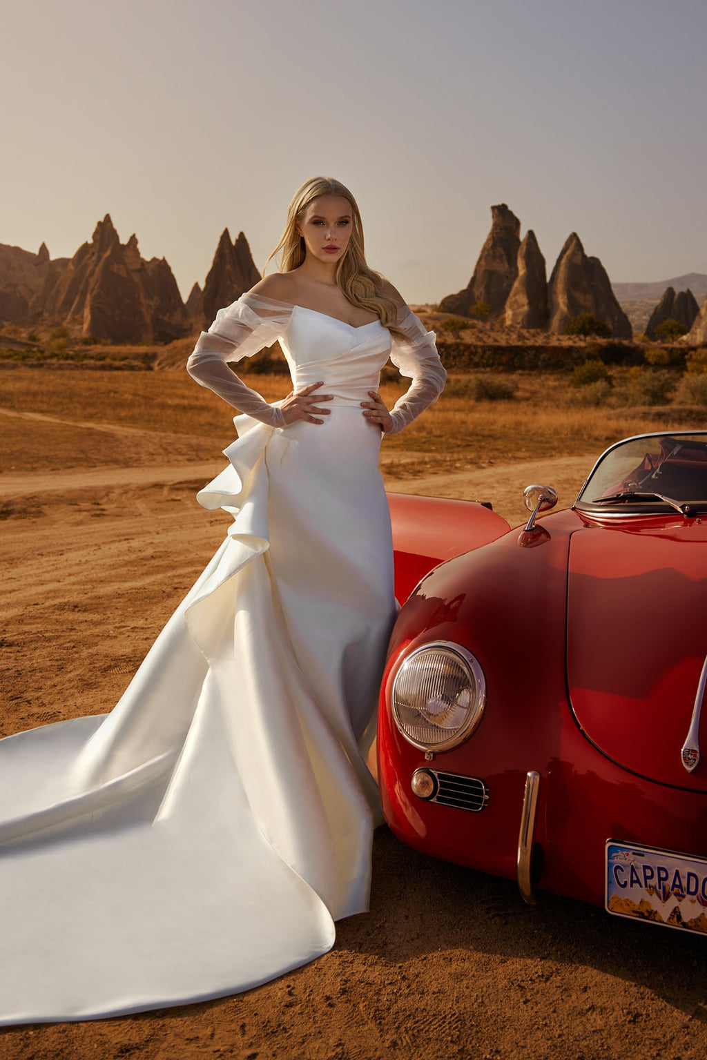 Kalp Yaka Tül Kollu Bağcıklı Sırtlı Çıkarılabilir Volanlı Saten Balık Gelinlik | Annabella Bridal - Annabella Bridal – Modern ve Zamansız Gelinlik Tasarımları - Annabella