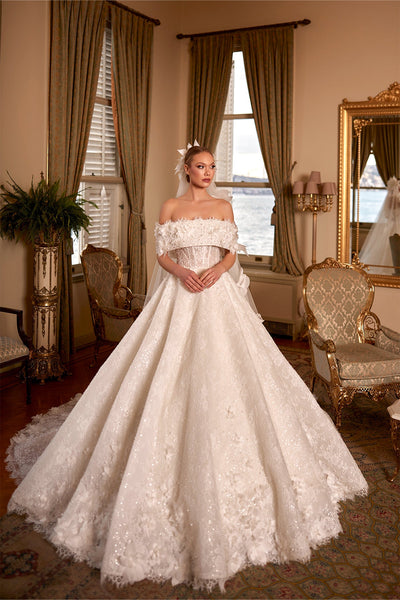 Boat Neck 3D Floral Appliqued Pearl Embellished Boned Corset Princess Wedding Dress