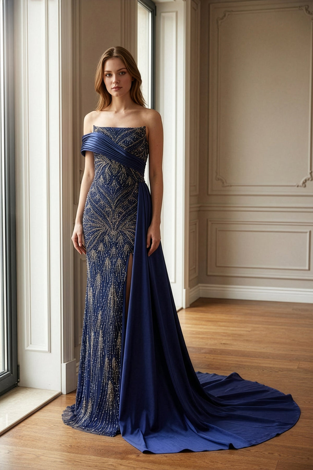 Lacivert Gold Kristal İşlemeli Asimetrik Omuz Drapeli Düz Kesim Abiye - Annabella Bridal – Modern ve Zamansız Gelinlik Tasarımları - Annabella