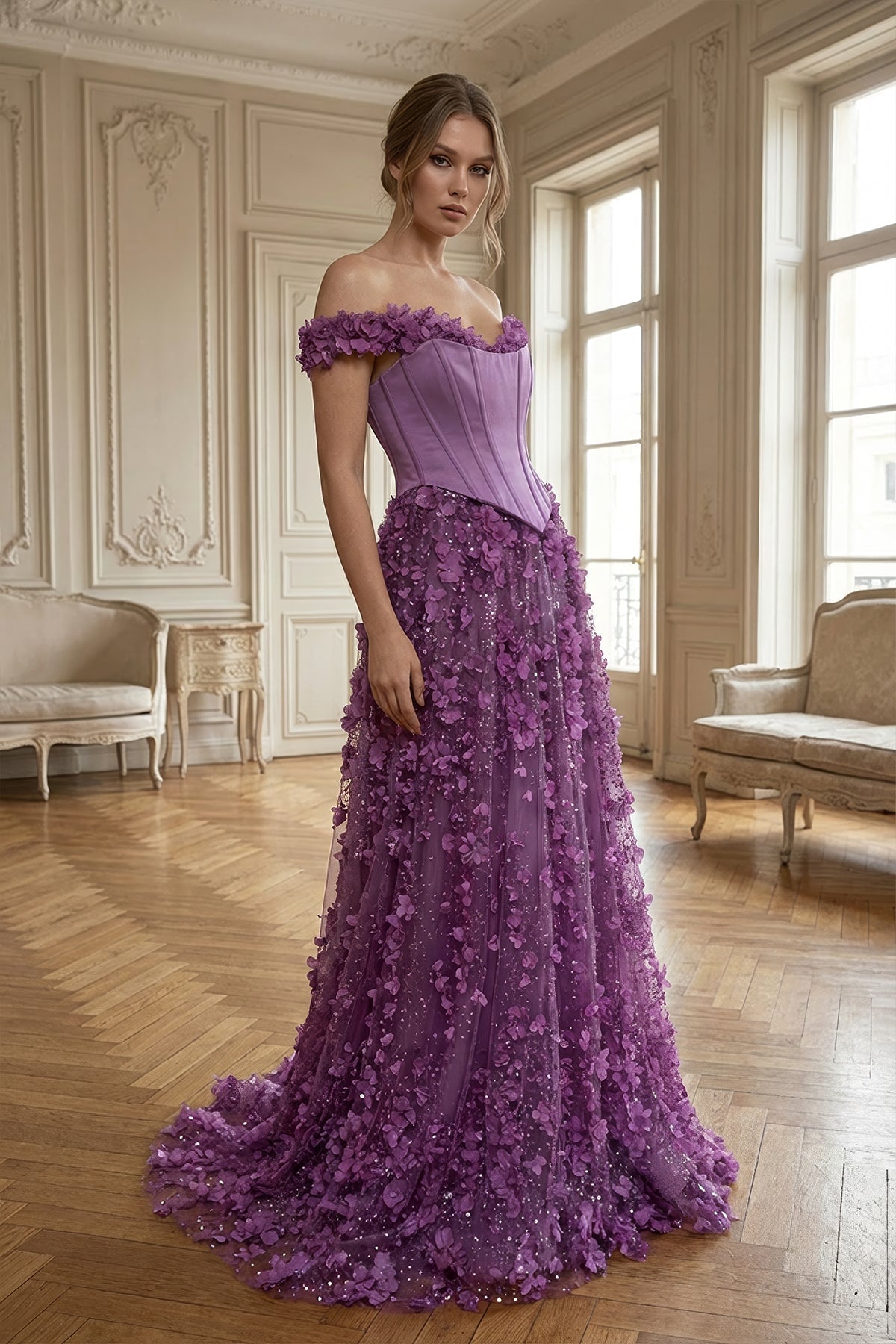 Lila 3D Çiçek Aplikeli Düşük Omuz Korseli A Kesim Abiye - Annabella Bridal – Modern ve Zamansız Gelinlik Tasarımları - Annabella