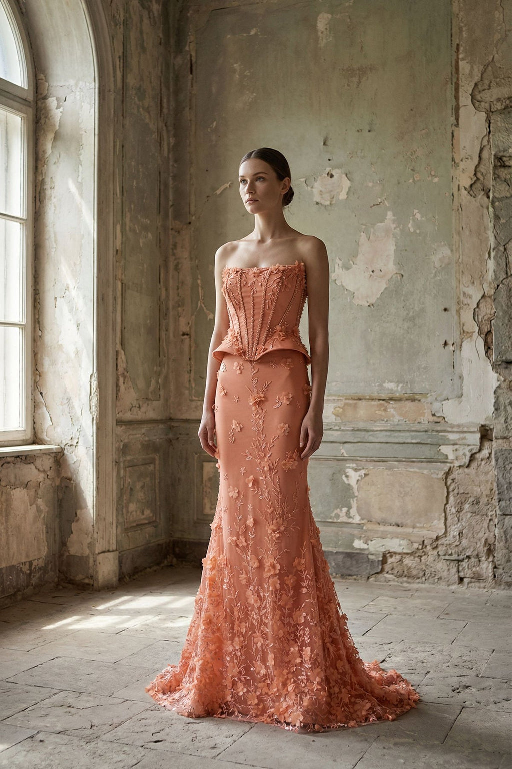 Mercan 3D Çiçek Aplikeli Peplum Korseli Straplez Balık Abiye - Annabella Bridal – Modern ve Zamansız Gelinlik Tasarımları - Annabella