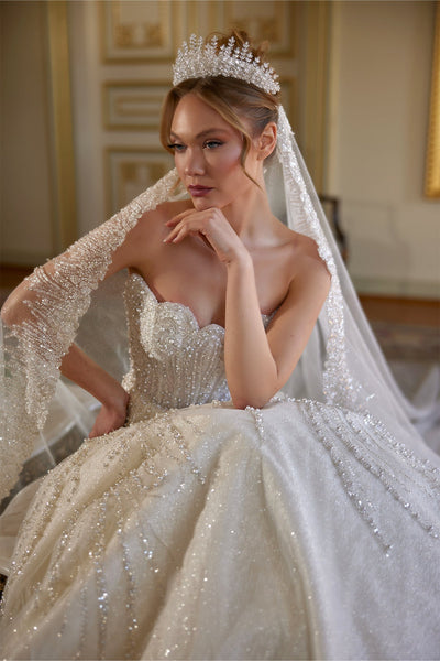 Scalloped Sweetheart Neckline Fully Crystal Embellished Open Back Puffy Princess Wedding Dress