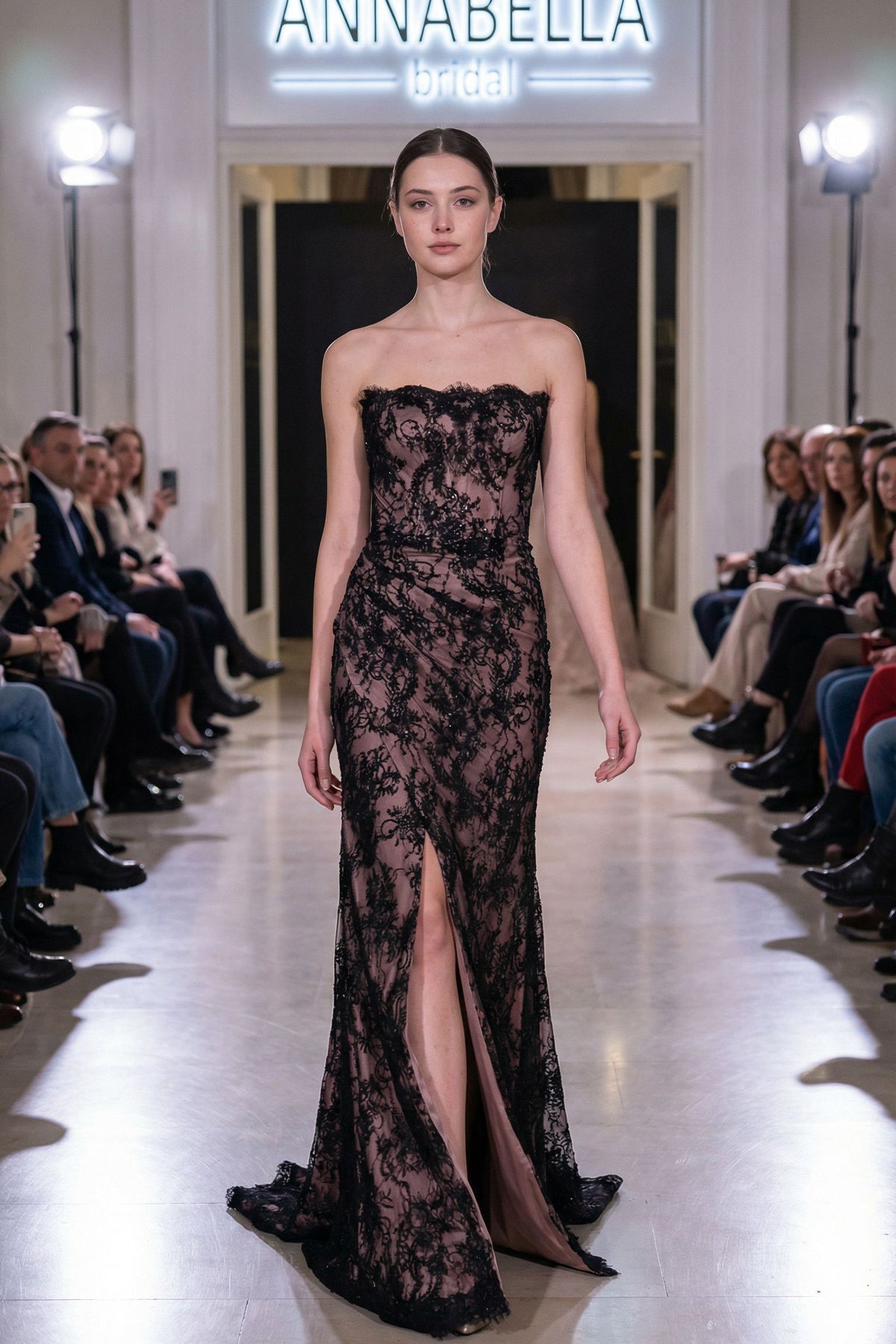 Siyah Fransız Dantel Kristal İşlemeli Straplez Balık Abiye - Annabella Bridal – Modern ve Zamansız Gelinlik Tasarımları - Annabella