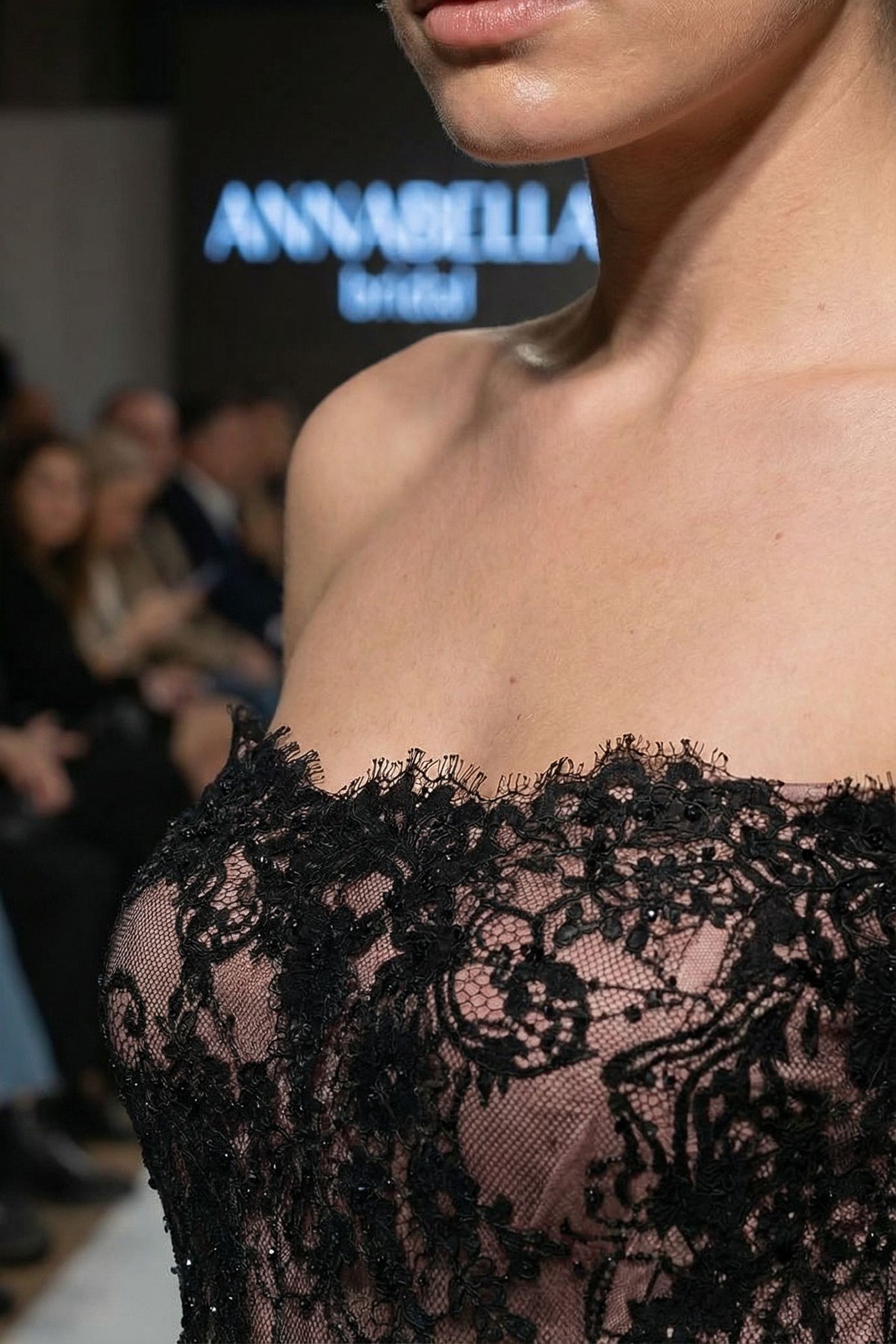 Siyah Fransız Dantel Kristal İşlemeli Straplez Balık Abiye - Annabella Bridal – Modern ve Zamansız Gelinlik Tasarımları - Annabella