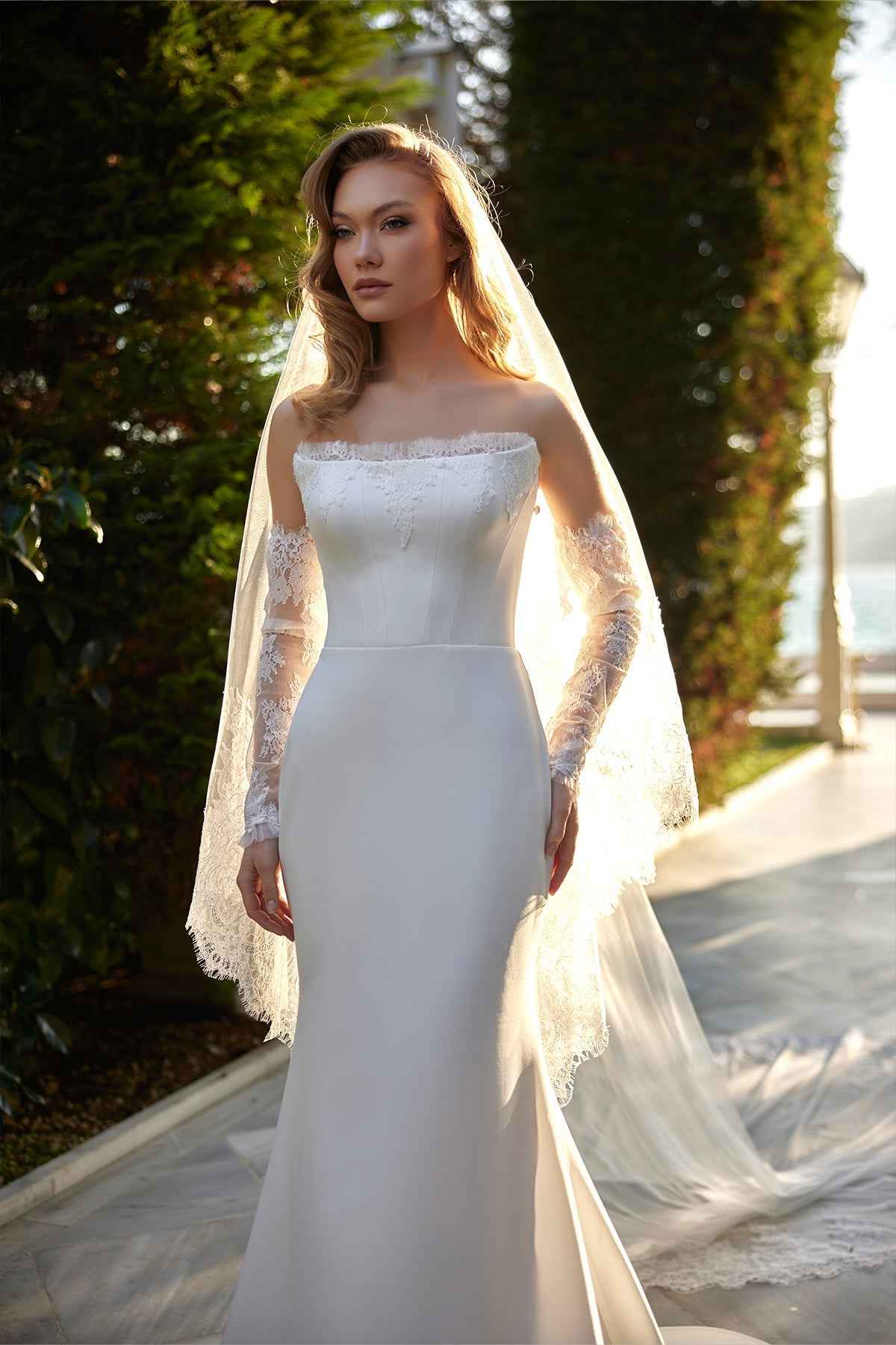 Mermaid Wedding Dress: Strapless Plain Satin Lace Long Sleeve Wedding Dress S/36
