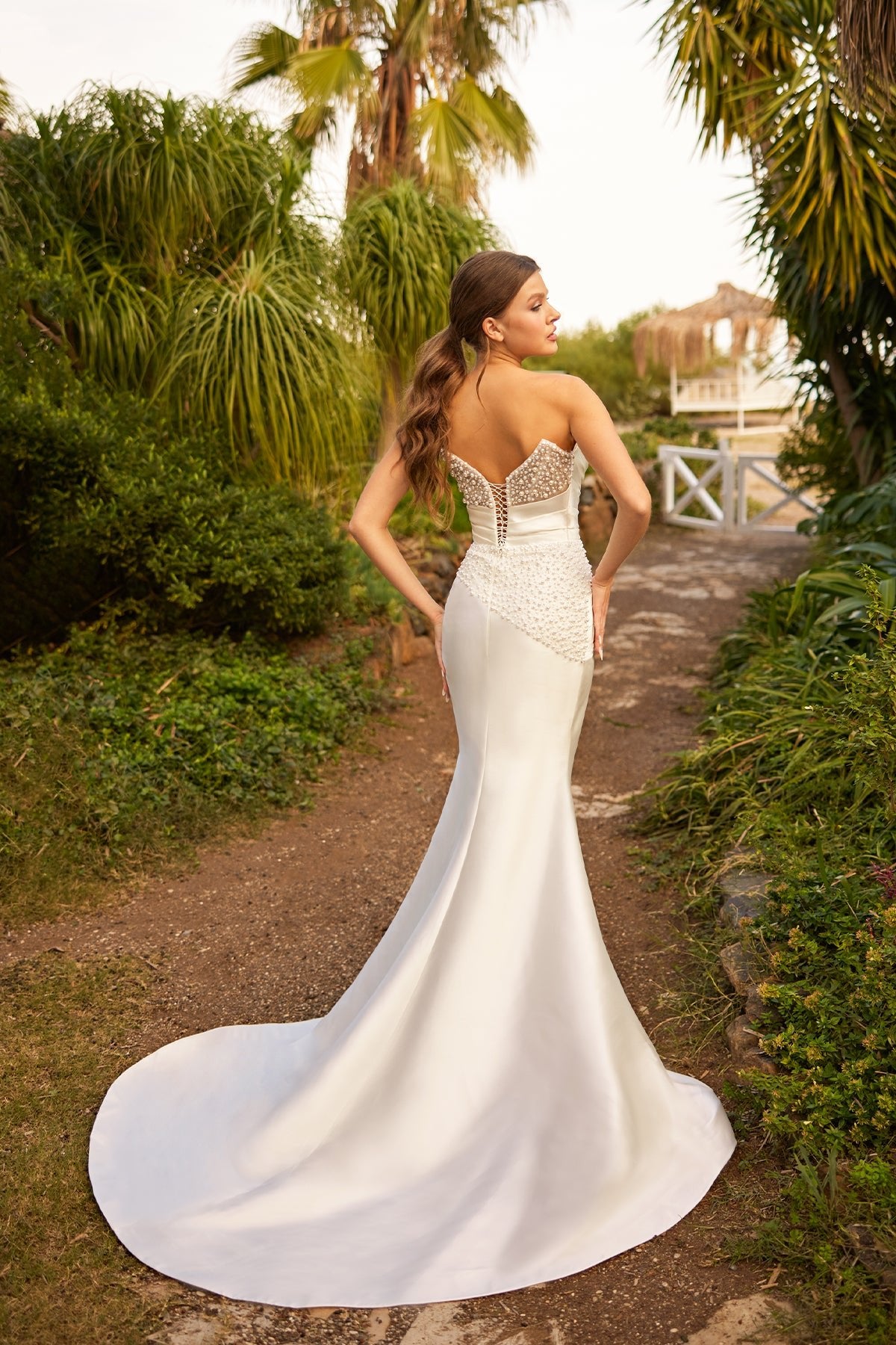 One-Shoulder Asymmetrical Draped Pearl-Embellished Lace-Up Back Satin Annabella Bridal One-Shoulder Asymmetrical Draped Pearl-Embellished Lace-Up Back Satin Annabella Bridal