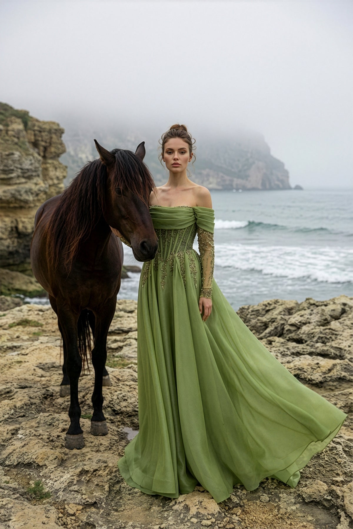 Düşük Omuz Drapeli Gold İşlemeli Korseli A Kesim Abiye - Annabella Bridal – Modern ve Zamansız Gelinlik Tasarımları Annabella