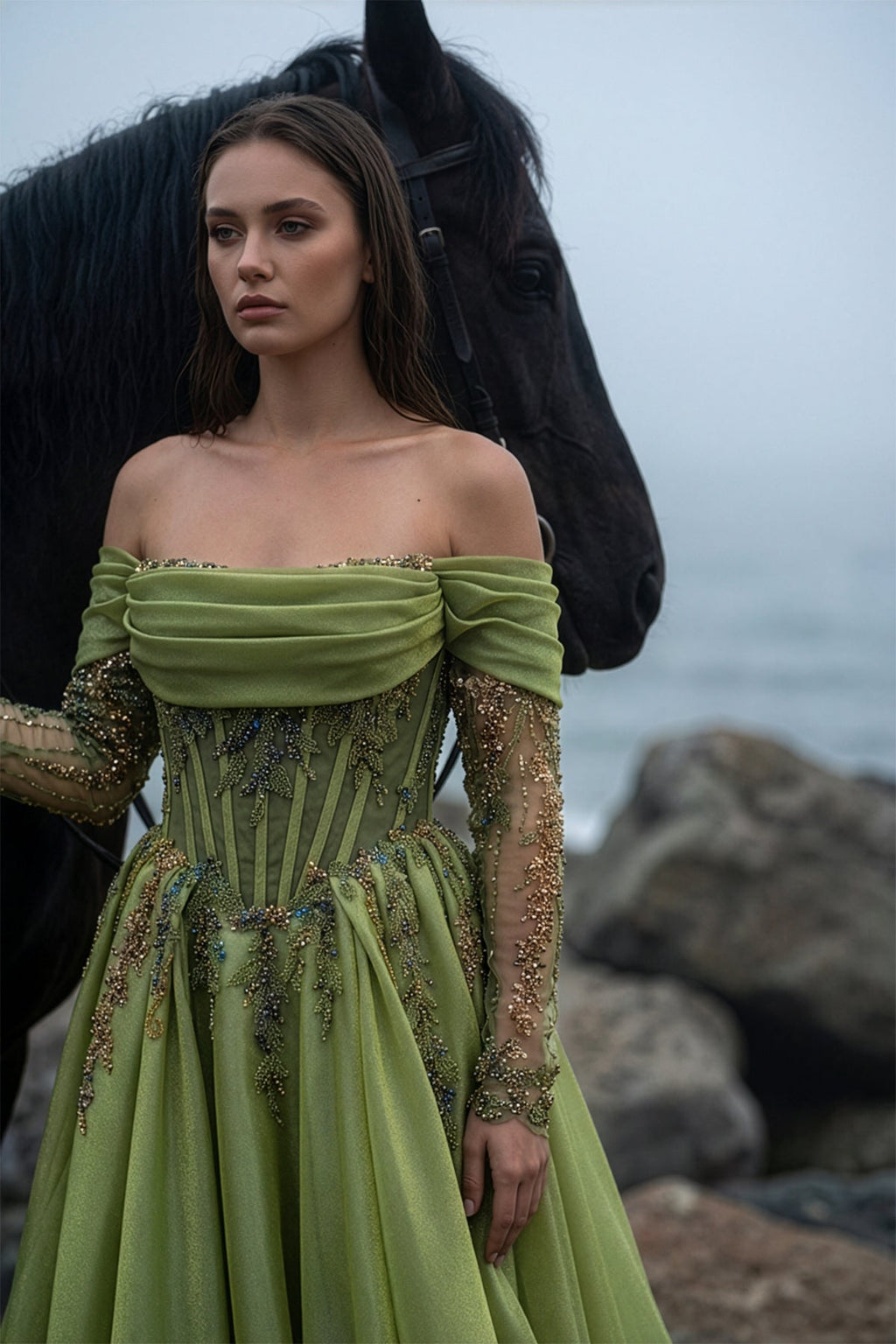 Düşük Omuz Drapeli Gold İşlemeli Korseli A Kesim Abiye - Annabella Bridal – Modern ve Zamansız Gelinlik Tasarımları Annabella