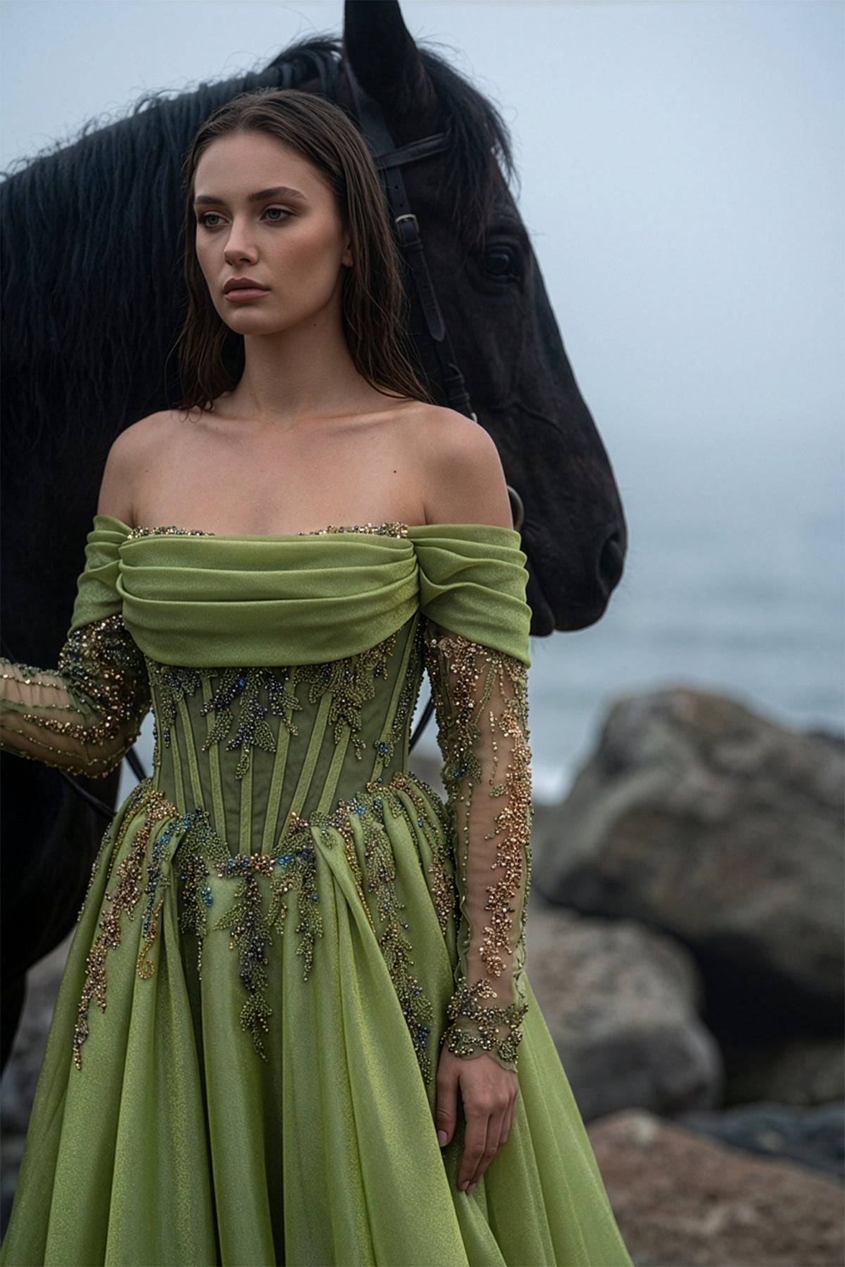 Düşük Omuz Drapeli Gold İşlemeli Korseli A Kesim Abiye - Annabella Bridal – Modern ve Zamansız Gelinlik Tasarımları Annabella